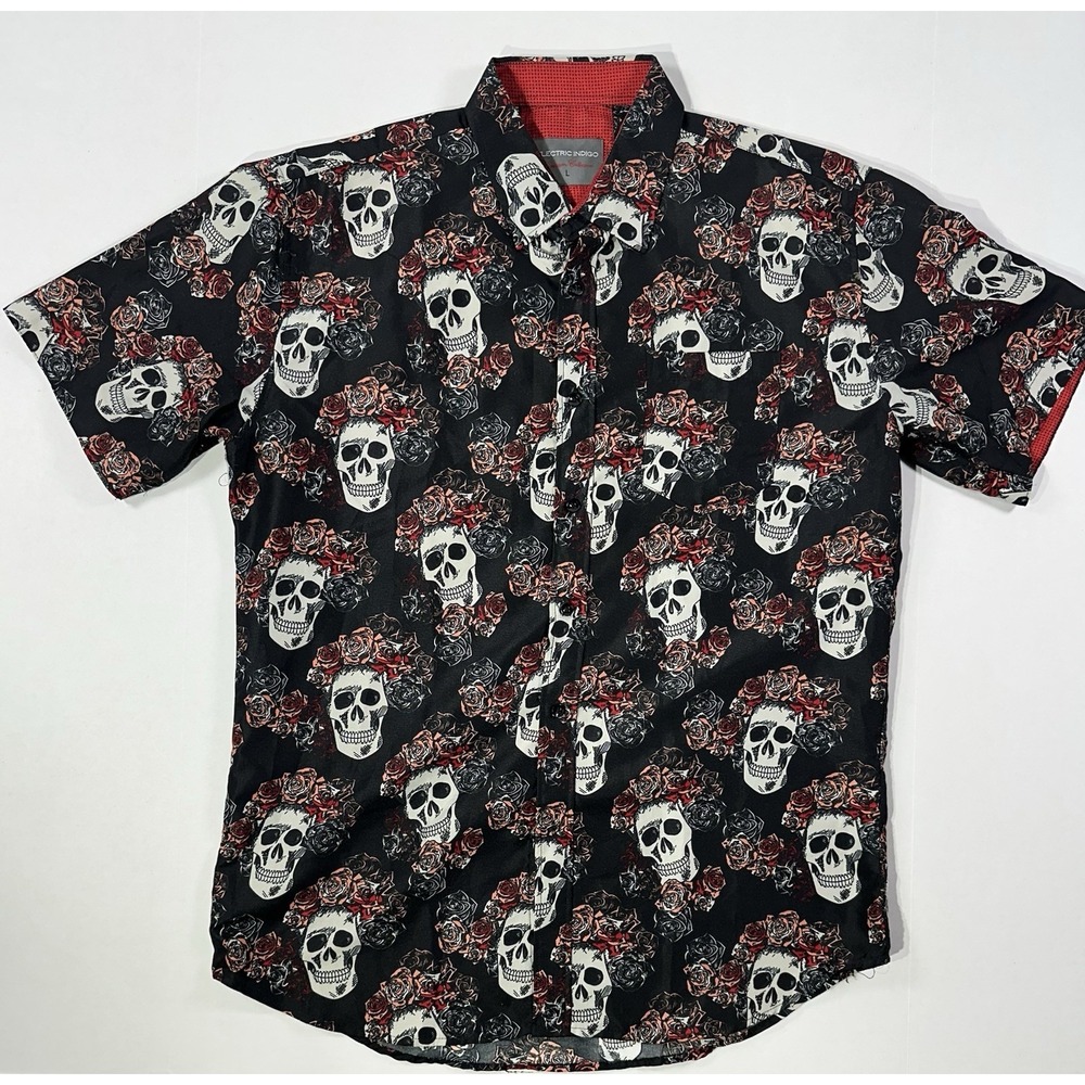 Electric Indigo Skull Rose Shirt Men's Large Black Red Gothic Floral Button Up